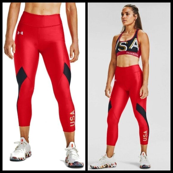 💕UNDER ARMOUR💕 HeatGear Americana USA Leggings Compression Red Blue XL - Picture 1 of 15
